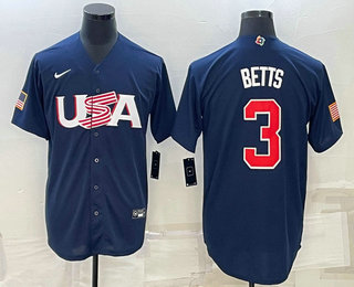 Men’s USA Baseball #3 Mookie Betts 2023 Navy World Baseball Classic Stitched Jerseys