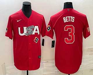 Men’s USA Baseball #3 Mookie Betts 2023 Red World Classic Stitched Jersey