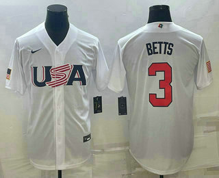 Men’s USA Baseball #3 Mookie Betts 2023 White World Baseball Classic Replica Stitched Jersey