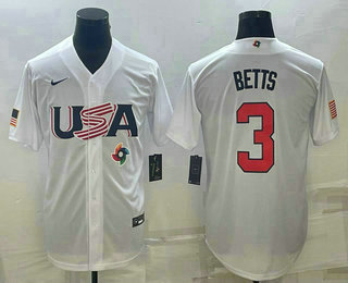 Men’s USA Baseball #3 Mookie Betts 2023 White World Baseball Classic Replica Stitched Jerseys