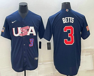 Men’s USA Baseball #3 Mookie Betts Number 2023 Navy World Baseball Classic Stitched Jersey