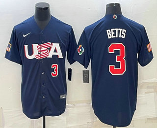 Men’s USA Baseball #3 Mookie Betts Number 2023 Navy World Baseball Classic Stitched Jerseys