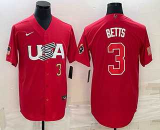 Men’s USA Baseball #3 Mookie Betts Number 2023 Red World Classic Stitched Jersey