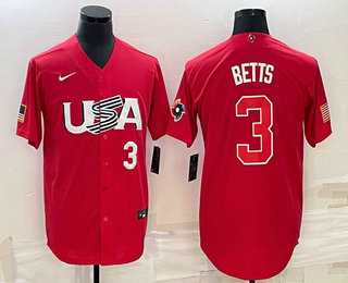 Men’s USA Baseball #3 Mookie Betts Number 2023 Red World Classic Stitched Jerseys