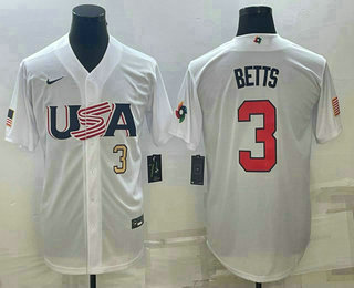 Men’s USA Baseball #3 Mookie Betts Number 2023 White World Baseball Classic Replica Stitched Jersey