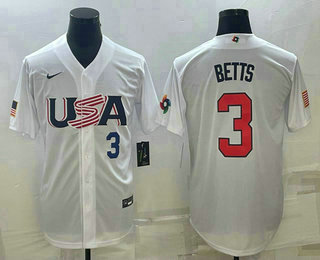 Men’s USA Baseball #3 Mookie Betts Number 2023 White World Baseball Classic Replica Stitched Jerseys