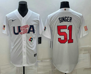 Men’s USA Baseball #51 Brady Singer 2023 White World Baseball Classic Stitched Jersey