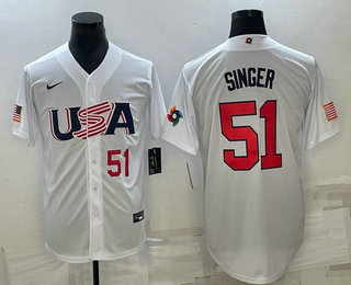 Men’s USA Baseball #51 Brady Singer Number 2023 White World Baseball Classic Stitched Jersey