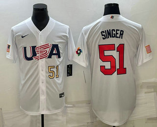 Men’s USA Baseball #51 Brady Singer Number 2023 White World Baseball Classic Stitched Jerseys