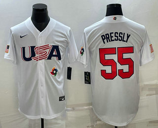 Men’s USA Baseball #55 Ryan Pressly 2023 White World Baseball Classic Stitched Jersey