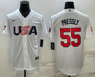Men’s USA Baseball #55 Ryan Pressly 2023 White World Baseball Classic Stitched Jerseys
