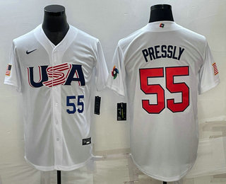 Men’s USA Baseball #55 Ryan Pressly Number 2023 White World Baseball Classic Stitched Jersey