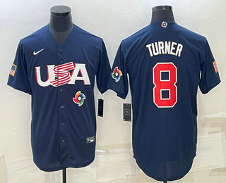 Men’s USA Baseball #8 Trea Turner 2023 Navy World Baseball Classic Stitched Jersey