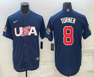 Men’s USA Baseball #8 Trea Turner 2023 Navy World Baseball Classic Stitched Jerseys