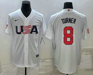 Men’s USA Baseball #8 Trea Turner 2023 White World Baseball Classic Stitched Jersey