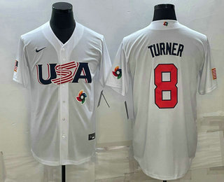Men’s USA Baseball #8 Trea Turner 2023 White World Baseball Classic Stitched Jerseys