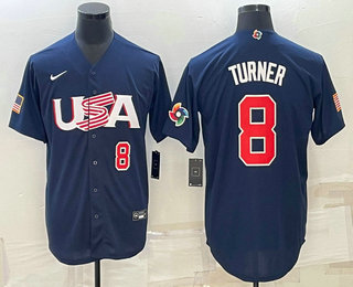 Men’s USA Baseball #8 Trea Turner Number 2023 Navy World Baseball Classic Stitched Jerseys