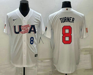 Men’s USA Baseball #8 Trea Turner Number 2023 White World Baseball Classic Stitched Jersey
