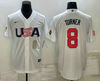 Men’s USA Baseball #8 Trea Turner Number 2023 White World Baseball Classic Stitched Jerseys