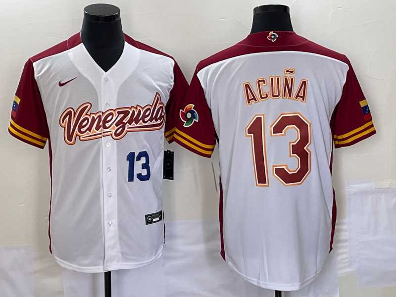 Men’s Venezuela #13 Ronald Acuna Jr Number 2023 White Red World Classic Stitched Jersey