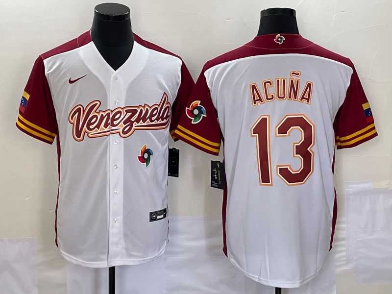 Men’s Venezuela Baseball #13 Ronald Acuna Jr 2023 White Red World Classic Stitched Jersey
