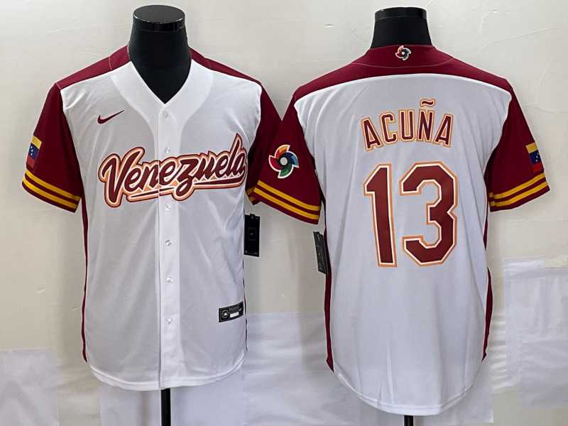 Men’s Venezuela Baseball #13 Ronald Acuna Jr 2023 White Red World Classic Stitched Jerseys