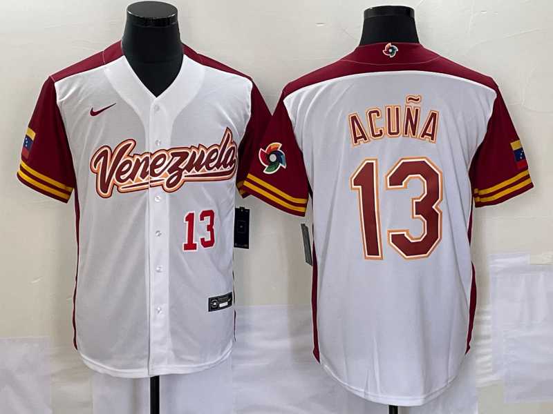 Men’s Venezuela Baseball #13 Ronald Acuna Jr Number 2023 White Red World Classic Stitched Jersey