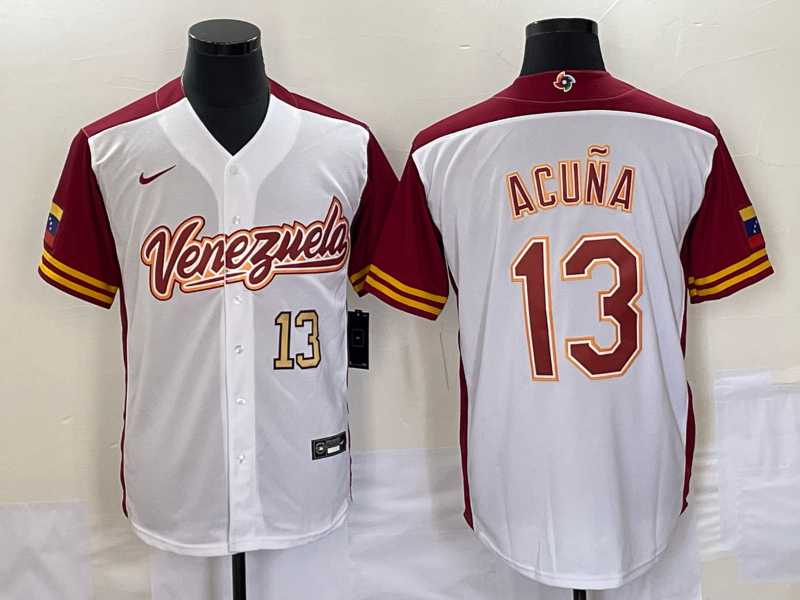 Men’s Venezuela Baseball #13 Ronald Acuna Jr Number 2023 White Red World Classic Stitched Jerseys