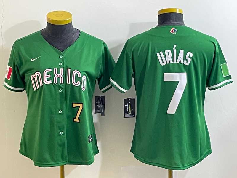 Women’s Mexico Baseball #7 Julio Urias Number 2023 Green World Classic Stitched Jersey