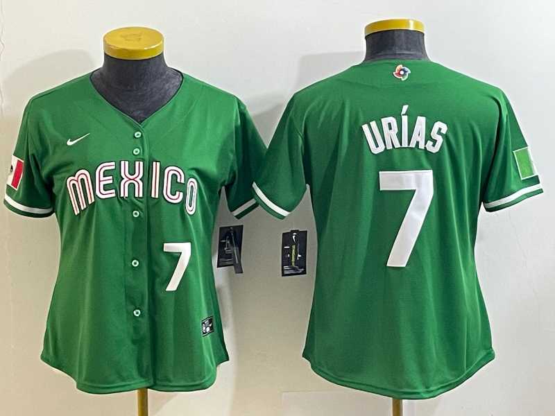 Women’s Mexico Baseball #7 Julio Urias Number 2023 Green World Classic Stitched Jersey3