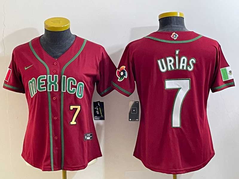 Women’s Mexico Baseball #7 Julio Urias Number 2023 Red World Baseball Classic Stitched Jersey1