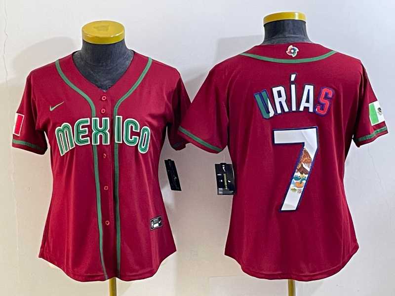 Women’s Mexico Baseball #7 Julio Urias Number 2023 Red World Baseball Classic Stitched Jersey10