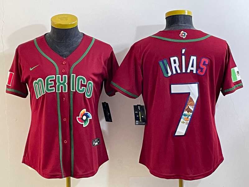 Women’s Mexico Baseball #7 Julio Urias Number 2023 Red World Baseball Classic Stitched Jersey11