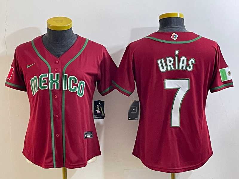 Women’s Mexico Baseball #7 Julio Urias Number 2023 Red World Baseball Classic Stitched Jersey12