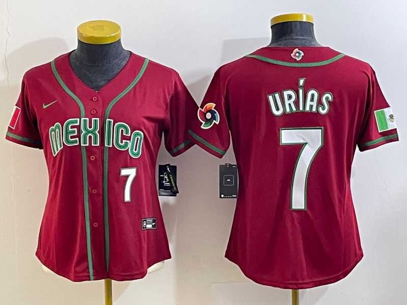 Women’s Mexico Baseball #7 Julio Urias Number 2023 Red World Baseball Classic Stitched Jersey2