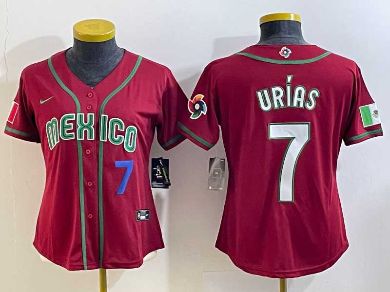 Women’s Mexico Baseball #7 Julio Urias Number 2023 Red World Baseball Classic Stitched Jersey3