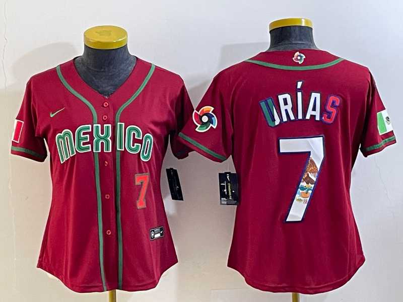 Women’s Mexico Baseball #7 Julio Urias Number 2023 Red World Baseball Classic Stitched Jersey4