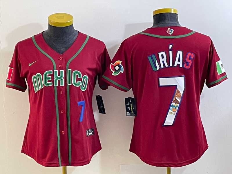 Women’s Mexico Baseball #7 Julio Urias Number 2023 Red World Baseball Classic Stitched Jersey5