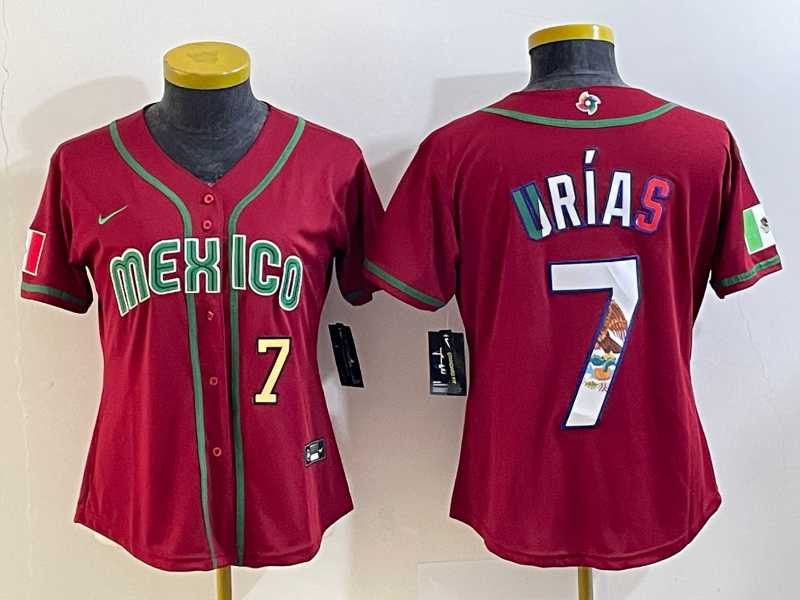 Women’s Mexico Baseball #7 Julio Urias Number 2023 Red World Baseball Classic Stitched Jersey6