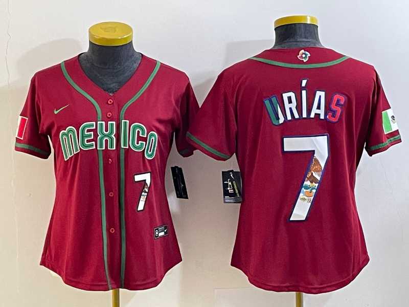 Women’s Mexico Baseball #7 Julio Urias Number 2023 Red World Baseball Classic Stitched Jersey8