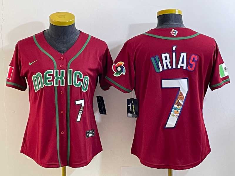 Women’s Mexico Baseball #7 Julio Urias Number 2023 Red World Baseball Classic Stitched Jersey9