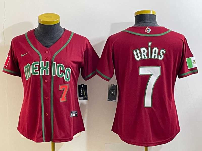 Women’s Mexico Baseball #7 Julio Urias Number 2023 Red World Baseball Classic Stitched Jerseys