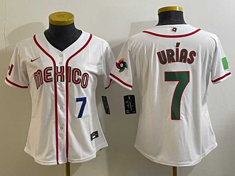 Women’s Mexico Baseball #7 Julio Urias Number 2023 White World Classic Stitched Jersey