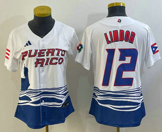 Women’s Puerto Rico Baseball #12 Francisco Lindor 2023 White World Classic Stitched Jersey