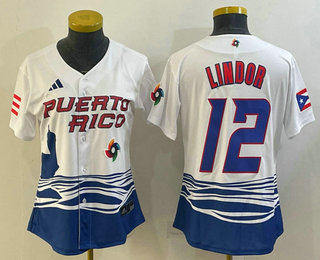 Women’s Puerto Rico Baseball #12 Francisco Lindor 2023 White World Classic Stitched Jerseys