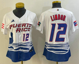 Women’s Puerto Rico Baseball #12 Francisco Lindor Number 2023 White World Classic Stitched Jersey