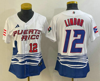 Women’s Puerto Rico Baseball #12 Francisco Lindor Number 2023 White World Classic Stitched Jerseys