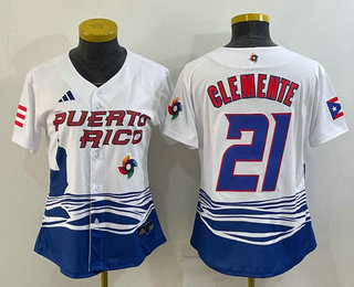 Women’s Puerto Rico Baseball #21 Roberto Clemente 2023 White World Classic Stitched Jersey