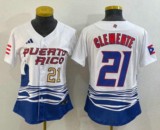 Women’s Puerto Rico Baseball #21 Roberto Clemente Number 2023 White World Classic Stitched Jersey