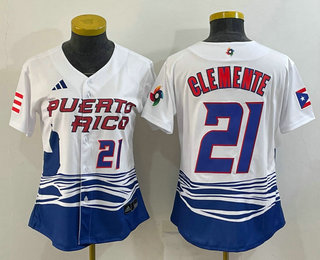 Women’s Puerto Rico Baseball #21 Roberto Clemente Number 2023 White World Classic Stitched Jerseys